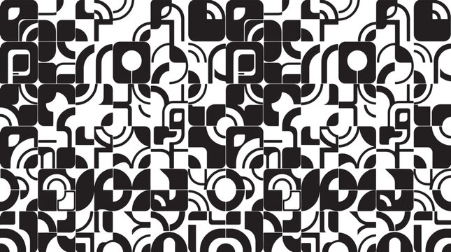Abstract geometric bauhaus seamless pattern with black and white minimalist squircle blocks and alphabet curves