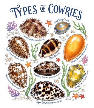 types of cowries printable illustration for blankets or Print on demand