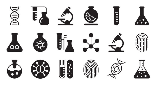 Forensic science and genetics laboratory icons with fingerprint and dna helix silhouettes.