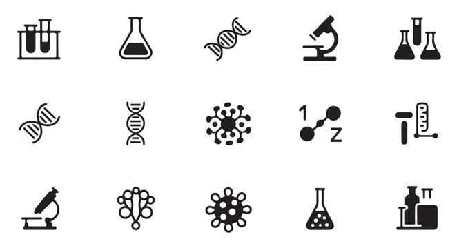 Science and genetics icons set. dna, microscope, flask, virus vector symbols on transparent background.