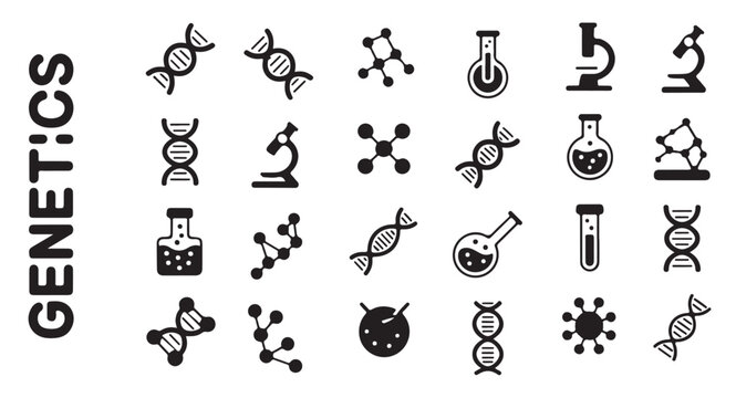Genetics icons collection. dna, microscope, molecule, flask, virus vector symbols on transparent background.