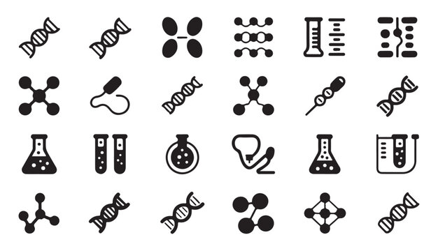 Research and science icons including dna molecules cells and lab equipment.