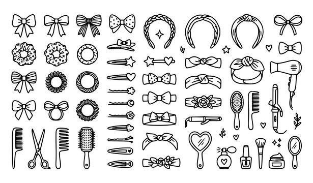 Beauty salon hair accessories outline vector collection