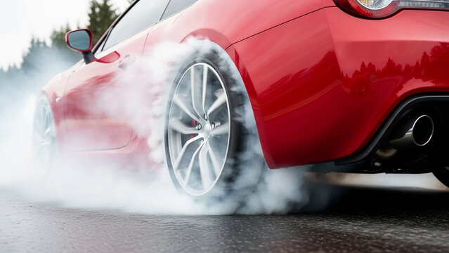 Close-up of a Red Sports Car Performing a Burnout with Thick White Smoke and Spinning Wheels on an Asphalt Road