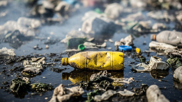 Discarded Yellow Plastic Bottle in a Polluted Landfill Site, Highlighting Global Waste and Environmental Crisis