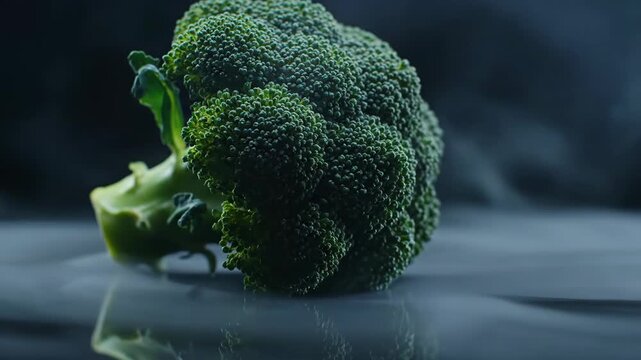 Healthy green broccoli with steam billowing around a dark background and a reflective surface