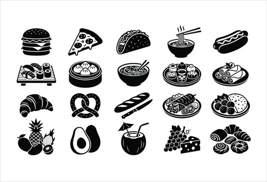 Assorted Food Items Black Silhouette Icons On White Background