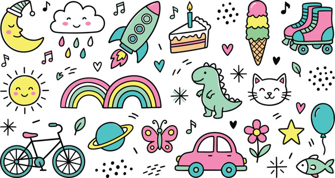 Cute hand drawn colorful doodle collection set including rainbow dinosaur rocket sun cloud moon roller skates bicycle isolated on white background