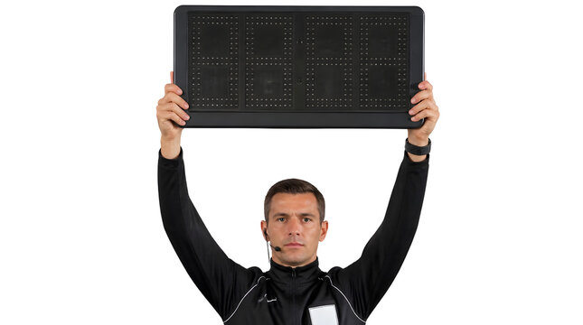 Soccer Referee Holds Up Substitute Board for Player Change