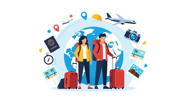 Traveling couple with luggage and backpacks standing in front of a globe surrounded by various travel-related icons.