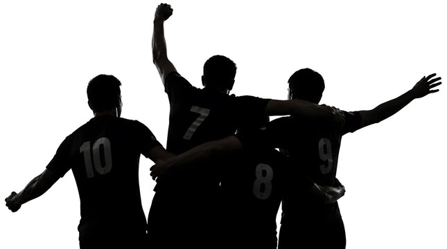 Soccer Team Celebrates Victory Silhouette Arms Raised Diverse Players