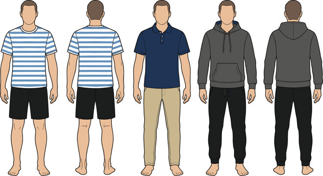 Men Casual Streetwear and Activewear Clothing Collection Template Set Featuring Striped Shirt with Shorts, Polo with Chinos, Hoodie and Joggers on Male Fashion Models