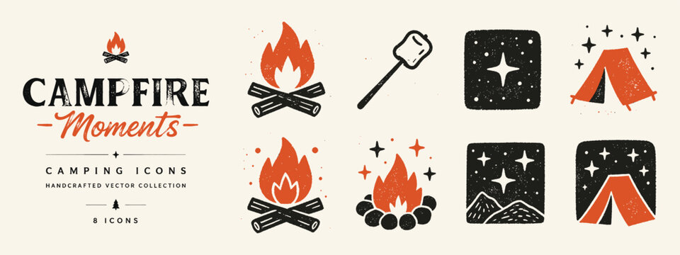 Vintage hand drawn camping icon set with campfire marshmallow tent and mountain stars