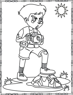 The boy is positioned outdoors, standing with one foot on a rock while looking through a camera.