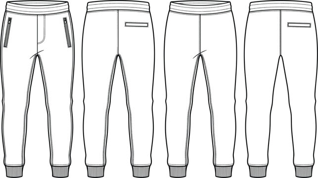 Sweatpants and Joggers Fashion Technical Sketch Template Set Featuring Front and Back Views for Apparel Manufacturing and Clothing Tech Pack Graphic Designs