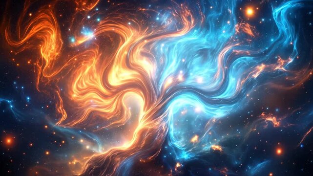 Cosmic nebula forming tree shape with glowing orange and blue gases. Panning camera movement.
