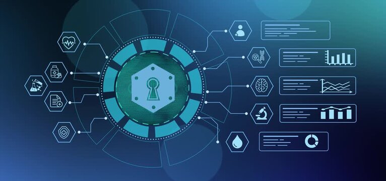 Cyber security dashboard interface displaying a digital keyhole emblem for healthcare data protection and privacy systems.