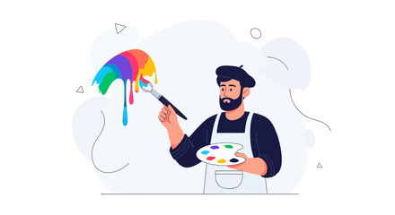 Fototapeta premium Artist paints a colorful, dripping umbrella with a brush and palette, modern flat illustration style.