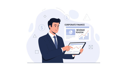 Fototapeta premium Businessman Analyzing Corporate Finance Data on Tablet with Graphs and Charts
