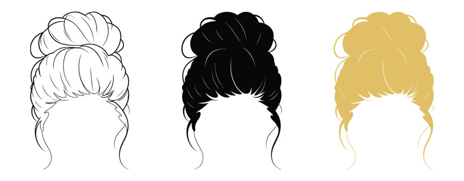 messy bun hairstyle tutorial, easy quick hair updo styles for long medium short hair, women and girl beauty trend, editable vector illustration with png format design.