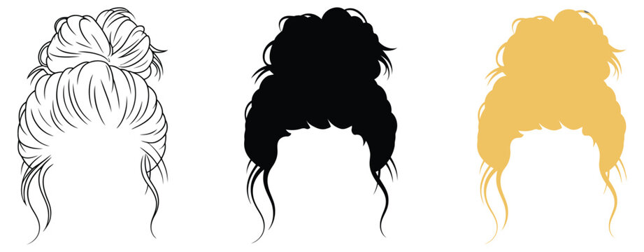 messy bun hairstyle tutorial, easy quick hair updo styles for long medium short hair, women and girl beauty trend, editable vector illustration with png format design.