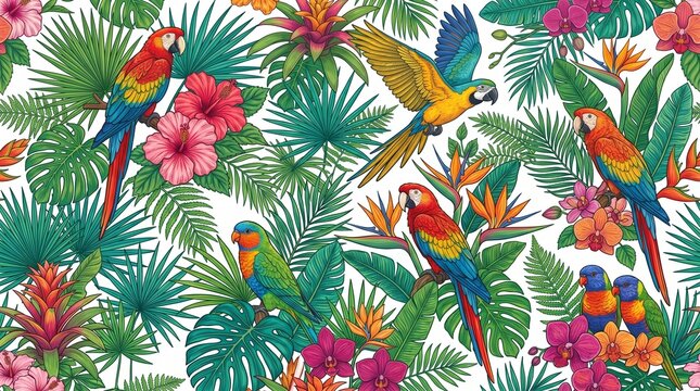 Vibrant summer seamless background featuring tropical birds, hibiscus, orchids, and monstera foliage.