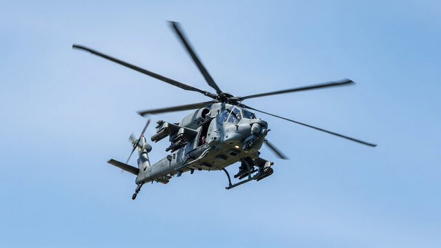 Modern combat helicopter in flight equipped with missiles and rockets under a clear blue sky during a military exercise.