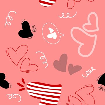 Cute love pattern seamless doodles featuring hand drawn hearts, romantic symbols, arrows, stars, flowers, and playful decorative elements. Repeating  background perfect for Valentine's Day 