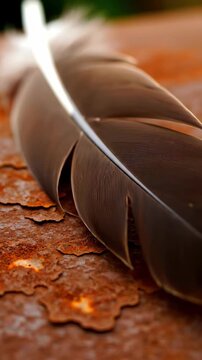 Brown feather quill on textured parchment with soft light