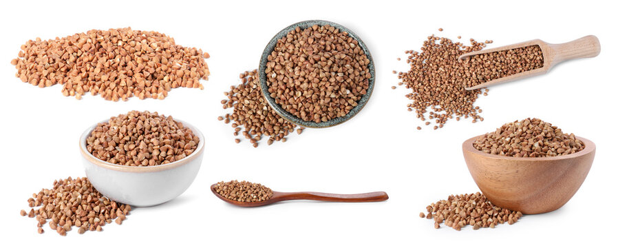 Set of buckwheat grains isolated on white