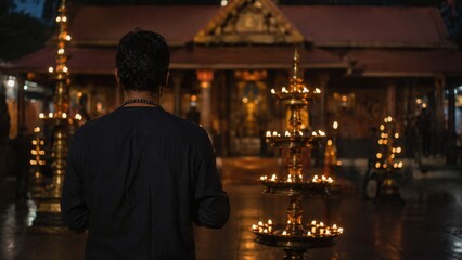 Obraz premium Ayyappan Devotional Devotee Back View Mala With Spiritual Lamp And Pilgrimage Mood