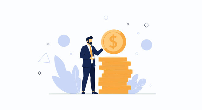 Businessman holding a dollar coin above a stack of coins, symbolizing financial growth and wealth. Modern flat illustration with abstract elements.
