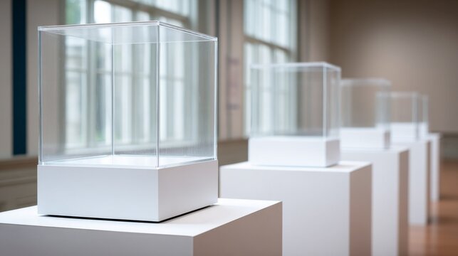 Minimalist display of empty glass cases in a bright, modern exhibition space.