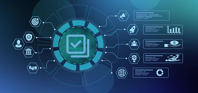 Compliance checking digital interface showing document verification status and corporate standard data charts.