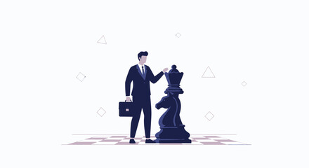 Naklejka premium Businessman playing chess, moving the queen piece, concept of strategy, success, and decision-making in business.