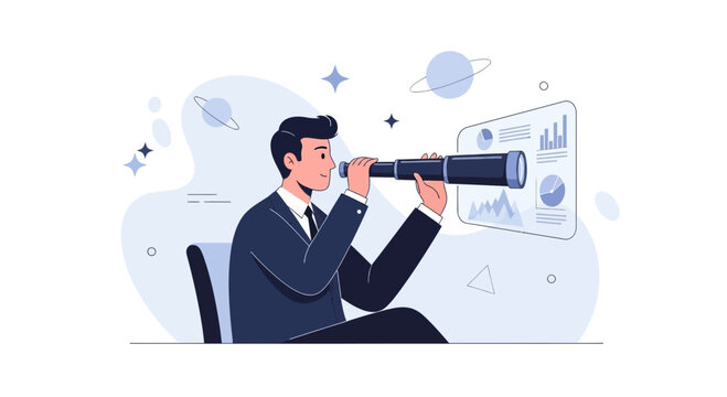 Businessman looking through telescope at financial charts and data, symbolizing foresight and strategy in business