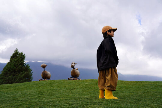 Chinese boy rides with wooden horse on a high-altitude meadow.