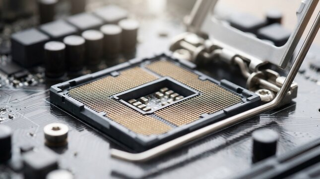 Close up view of an empty computer processor socket on a motherboard.