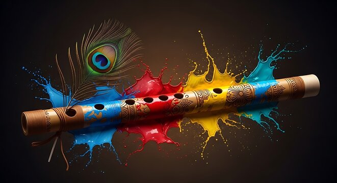 Colorful paint splashes on wooden flute with vibrant abstract background in dark setting