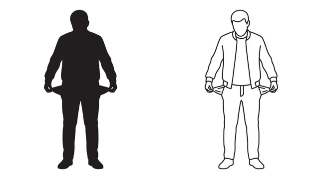 Man With Empty Pockets Silhouette And Line Art On White Background