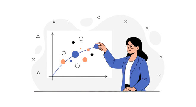 Businesswoman analyzing data graph with scatter plot and trend line, explaining financial growth and strategy