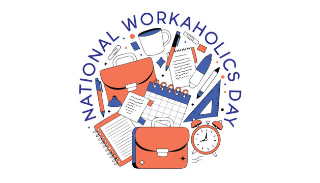 National workaholics day badge featuring various office supplies and stationery items