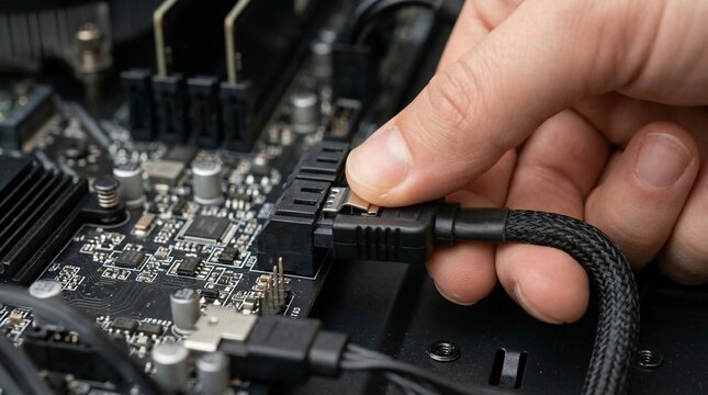 Computer Technician Connecting Power Cable to Motherboard.