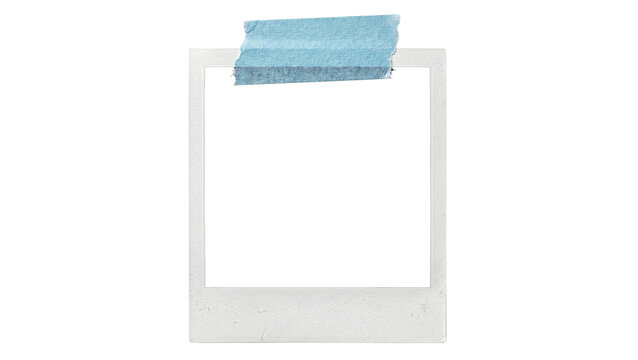 Empty polaroid photograph with blue tape affixed isolated on transparent background instant photo snapshot film vintage retro photography frame picture