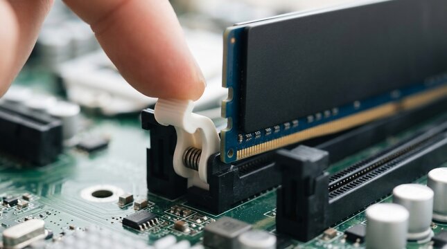 Computer Technician Installing Random Access Memory RAM Module into Motherboard Slot.