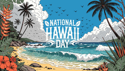 Vintage style illustration celebrating national hawaii day with tropical scenery © vectyx2