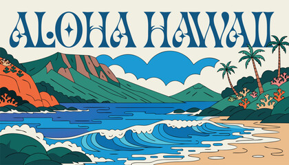 Retro vintage style illustration featuring scenic tropical island hawaii beach landscape © vectyx2