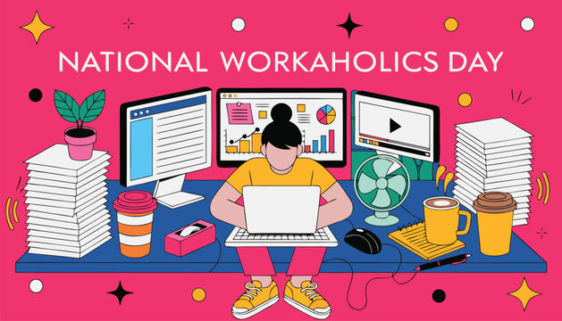 Busy person working on laptop during national workaholics day celebration