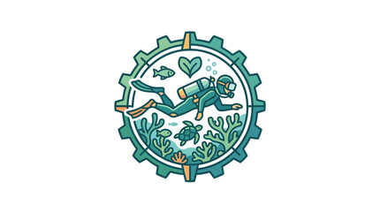 Scuba diver exploring coral reef with sea turtle and fish inside gear © nei