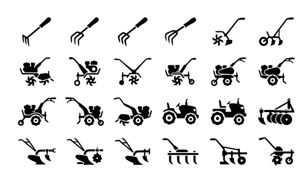 Minimalist Farm Tiller Silhouette Vector Icon Set for Garden Cultivator and Soil Preparation Tools